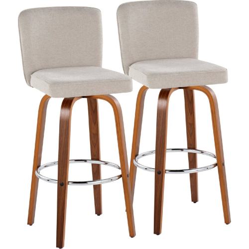 Henry 30" Swivel Bar Stool in Walnut Wood & Beige Fabric w/ Round Chrome Footrest (Set of 2)